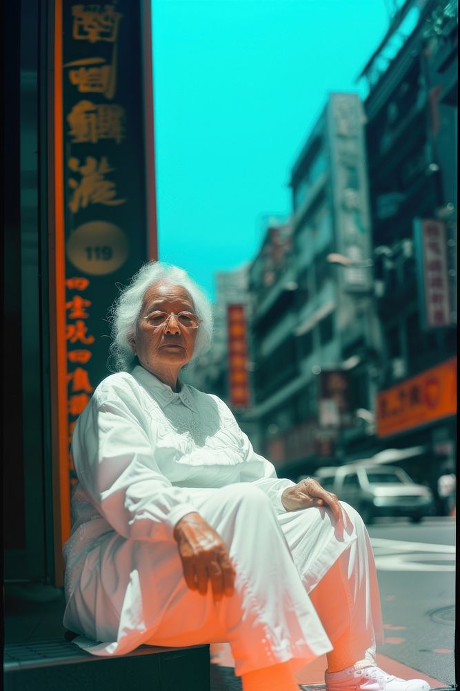 Old woman wearing white streetwear clothes sitting adult transportation.