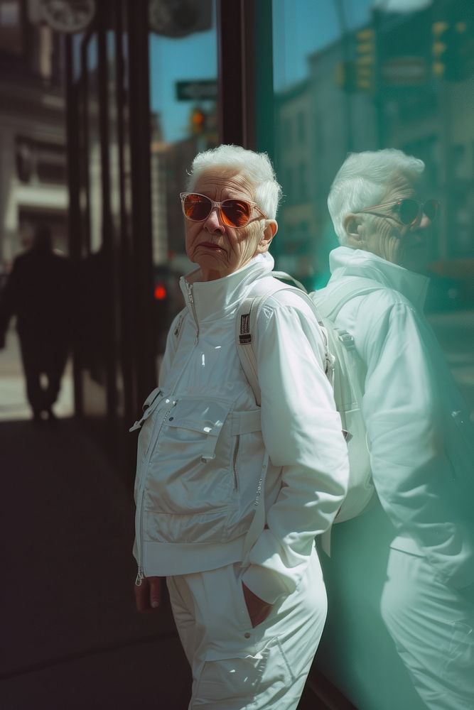 Old woman wearing white streetwear clothes portrait glasses walking.