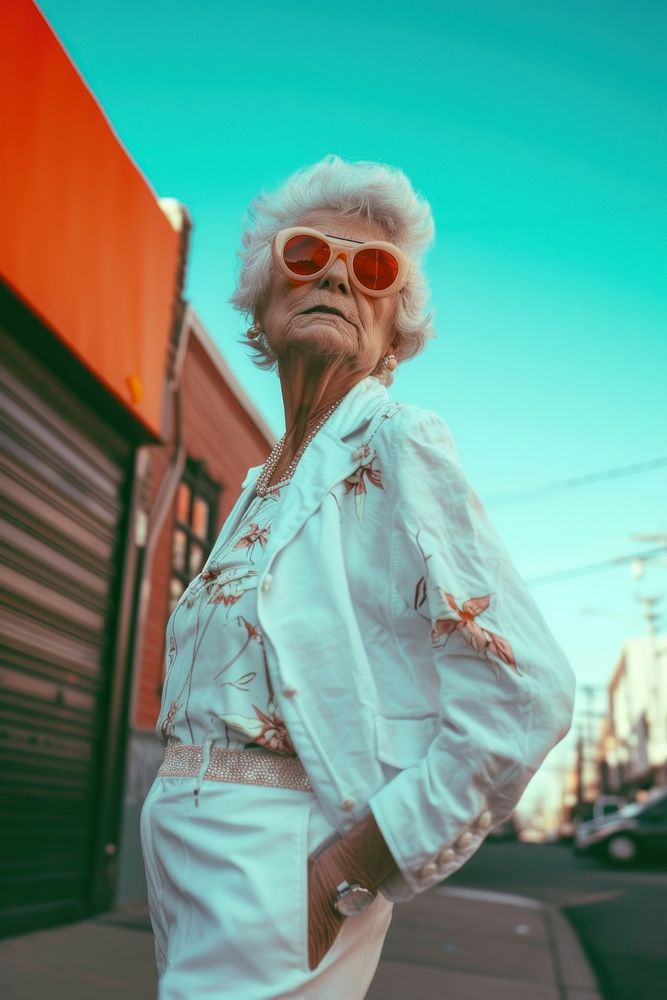 Old woman wearing white streetwear clothes glasses adult architecture.