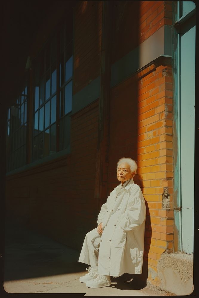 Old woman wearing white streetwear clothes portrait sitting photo.