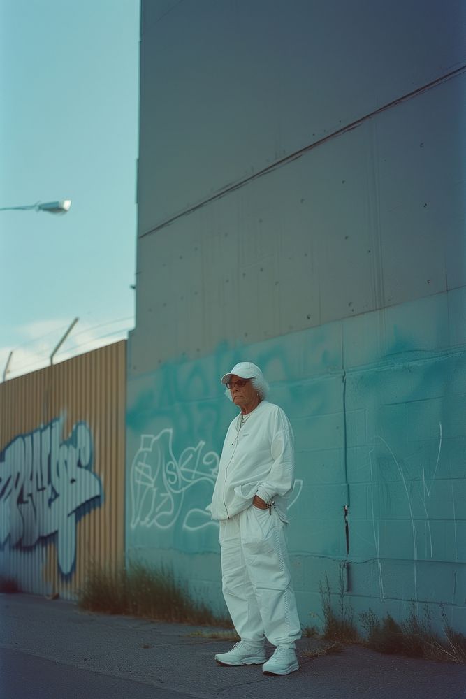 Old woman wearing white streetwear clothes standing adult architecture.
