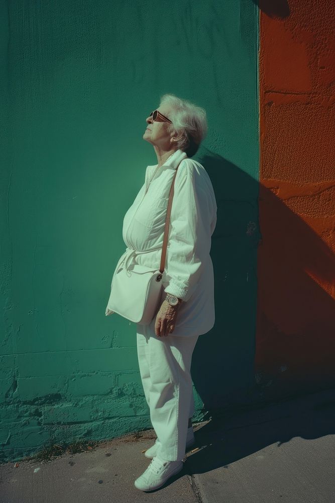 Old woman wearing white streetwear clothes standing glasses adult.