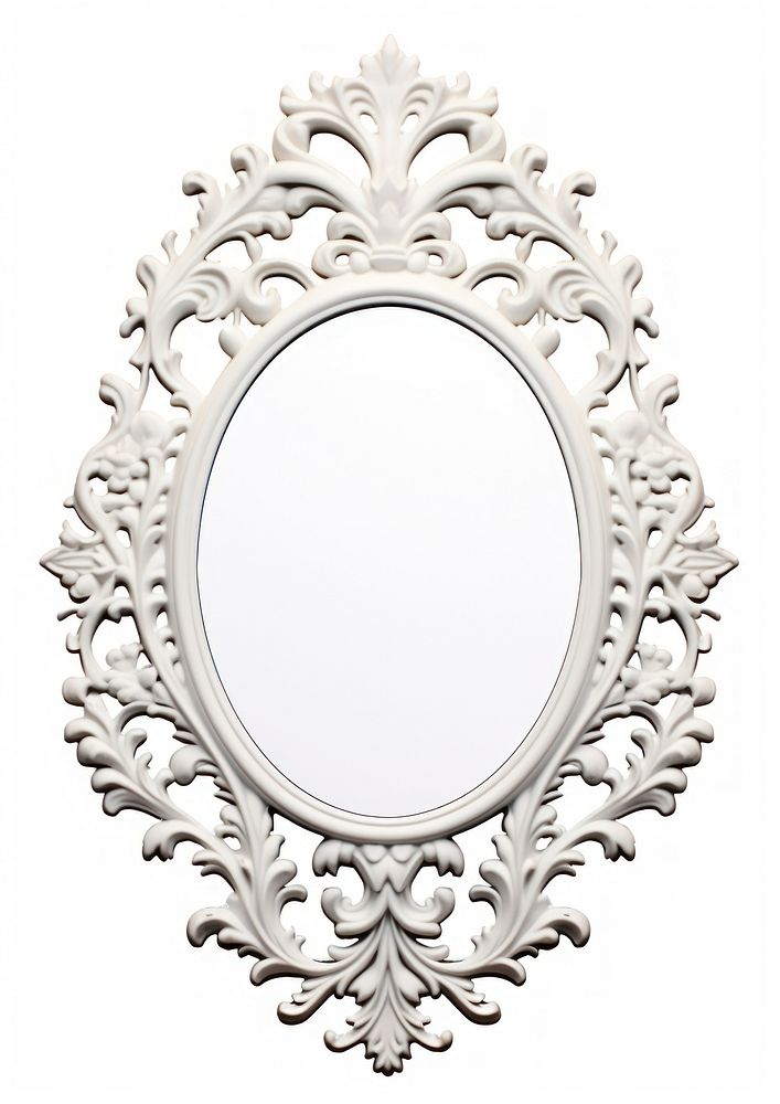 Ornamental white oval mirror photo white background.