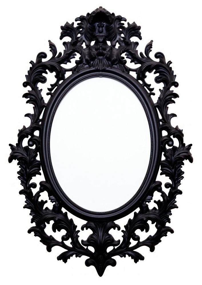 Ornamental black oval mirror photo white background.