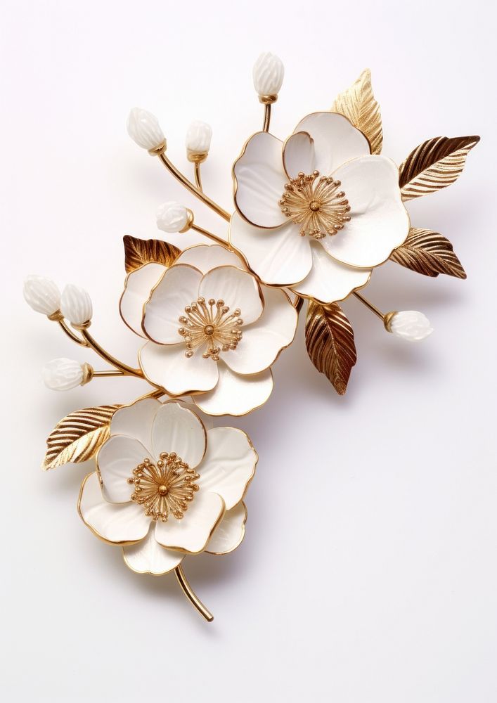Ornamental gold flowers jewelry brooch white.