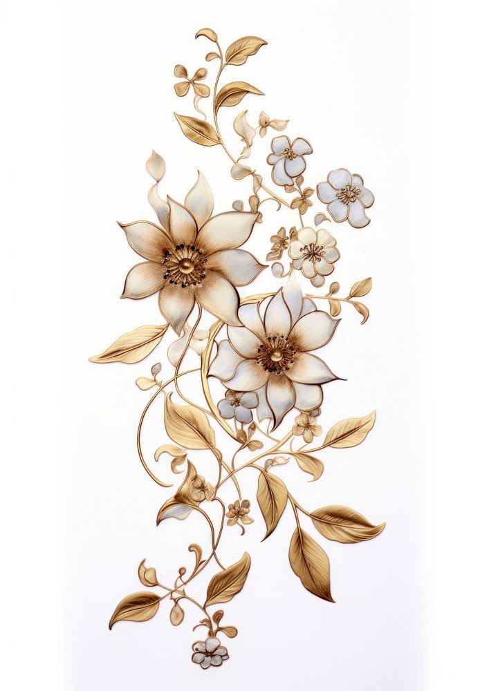 Ornamental gold flowers pattern white art.