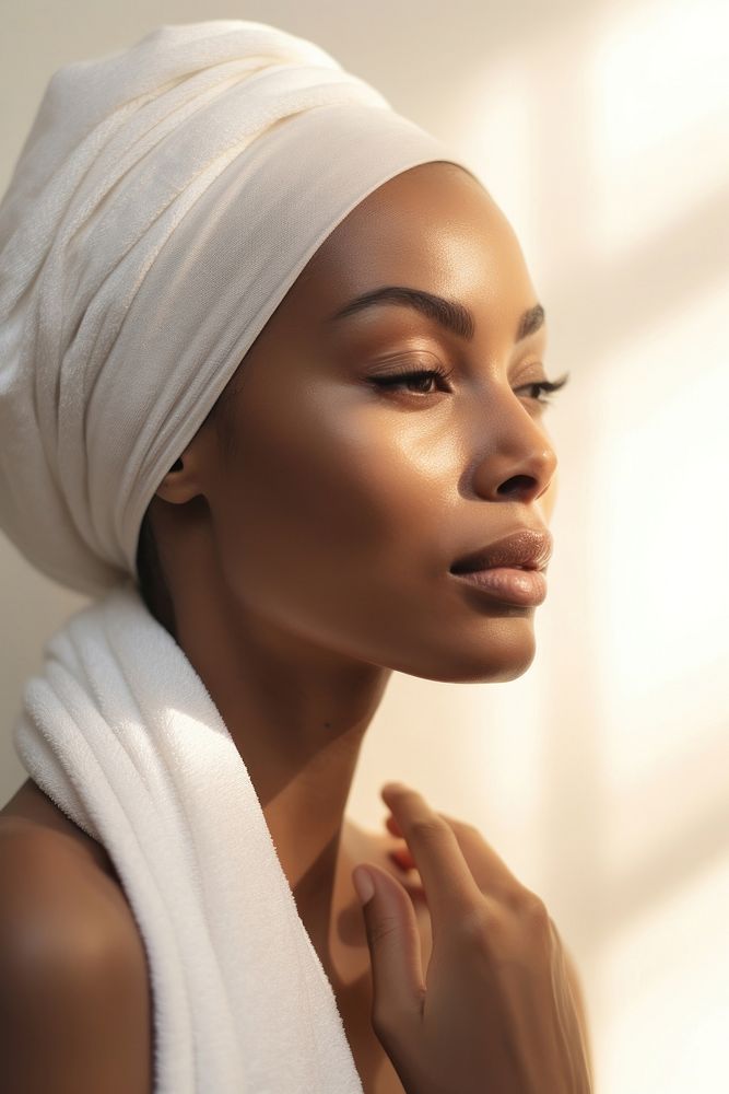 Womanwiht her hair wrapped with white towel portrait skin photography.