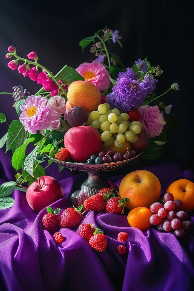 Medieval style table decorate with fruits with flowers vase purple strawberry apple.