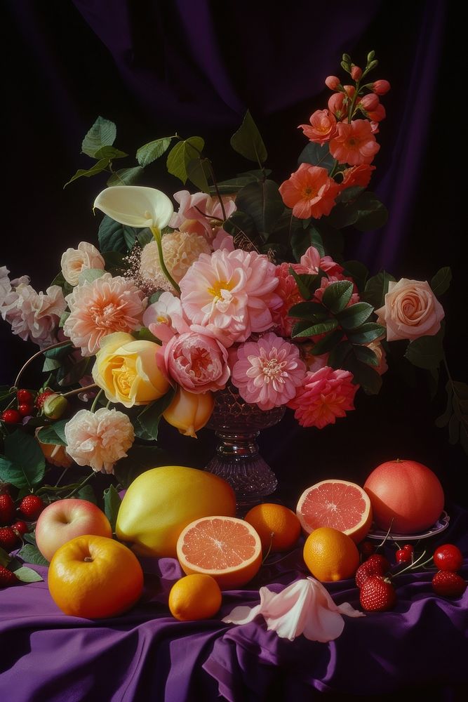 Medieval style table decorate with fruits with flowers vase grapefruit purple plant.