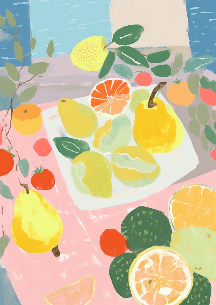 Fruits on table art grapefruit painting.