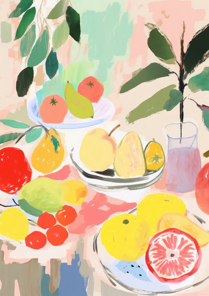 Fruits on table grapefruit painting plant.