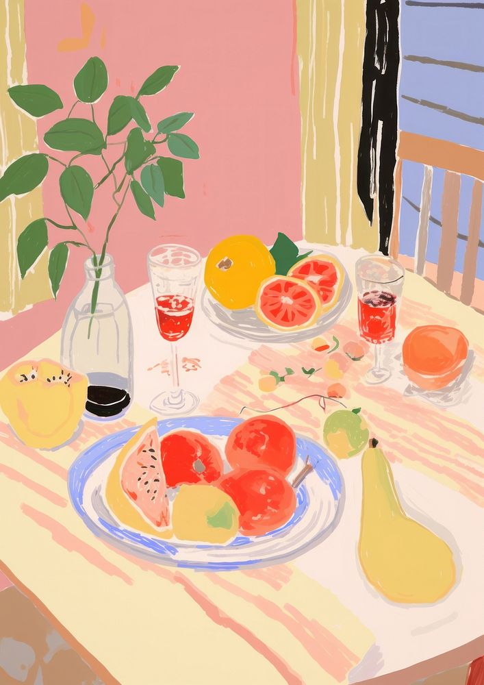 Fruits on table furniture painting glass.