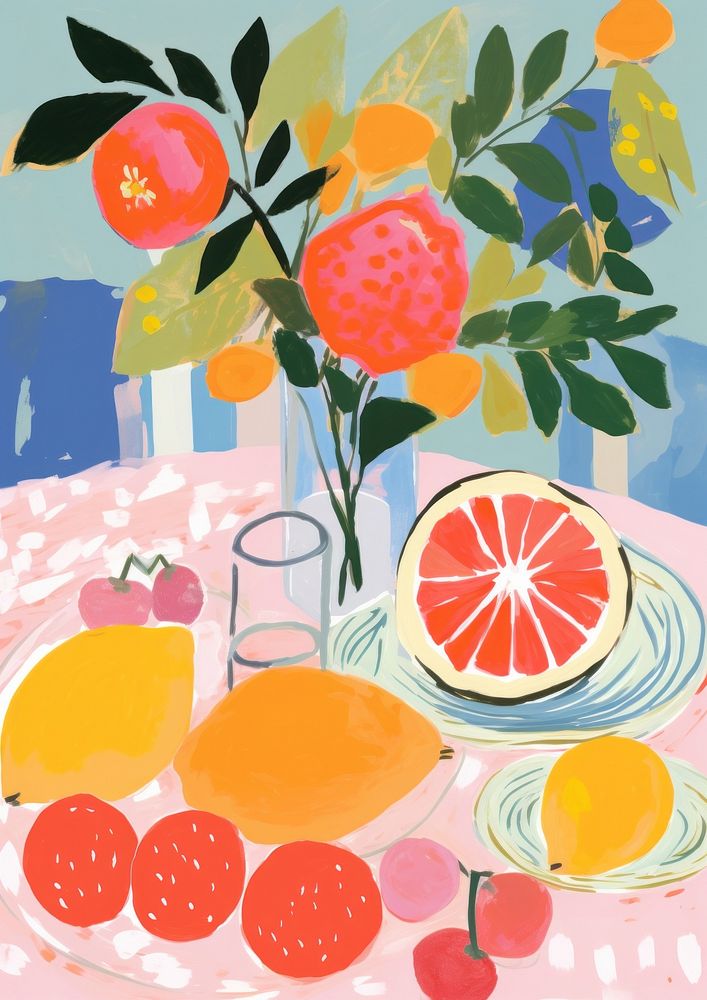 Fruits on table art grapefruit painting.