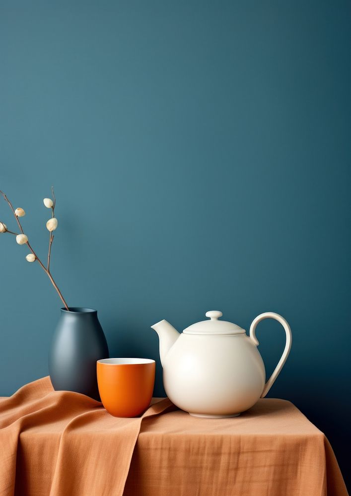 Still life blue teacup and pitcher teapot mug art.