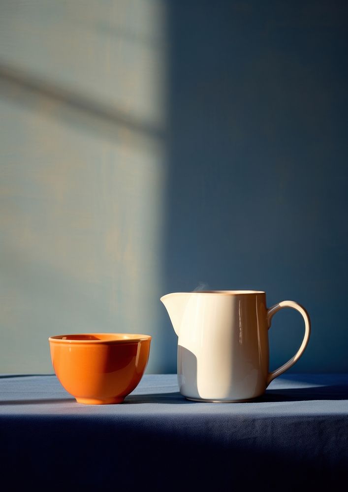 Still life blue teacup and pitcher porcelain coffee drink.