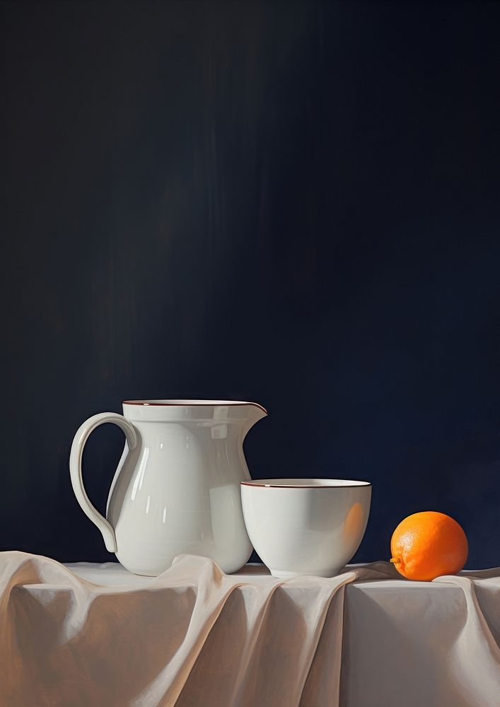 Still life blue teacup and pitcher porcelain painting jug.