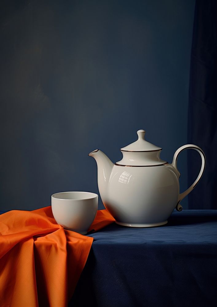 Still life blue teacup and pitcher porcelain teapot white.