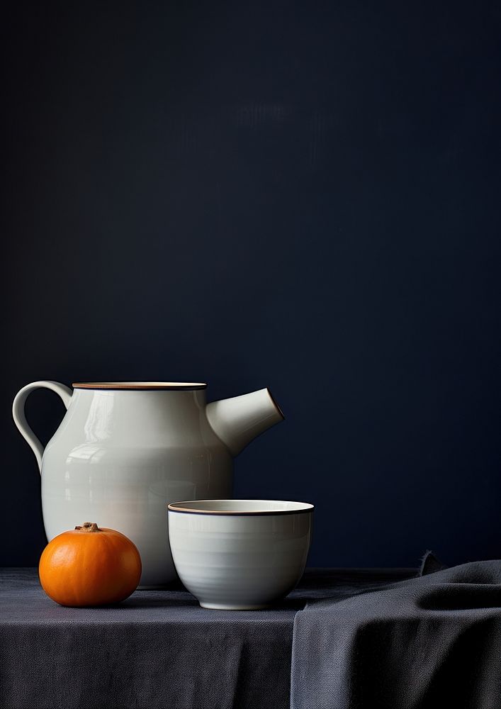 Still life blue teacup and pitcher porcelain bowl food.