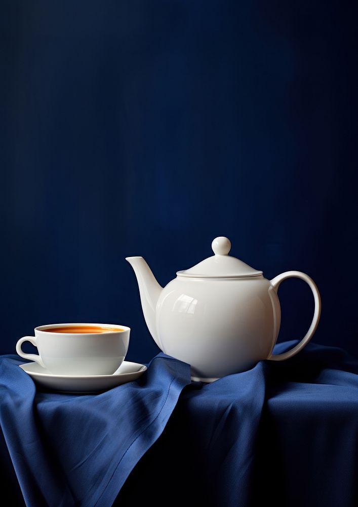Still life blue teacup and pitcher porcelain teapot white.