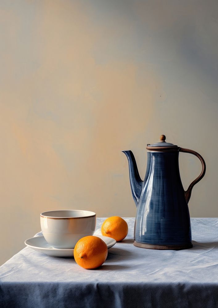 Still life blue teacup and pitcher painting food jug.