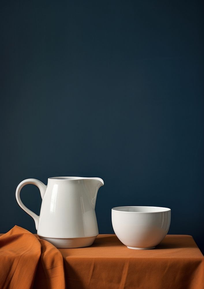 Still life blue teacup and pitcher porcelain white bowl.