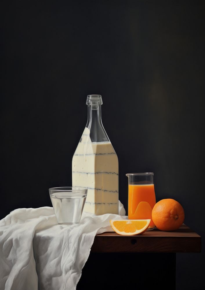 Butter and a bottle of milk painting orange drink.