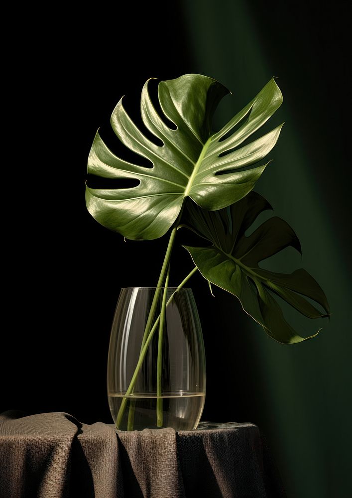 Monstera leaves in the glass vase flower plant green.