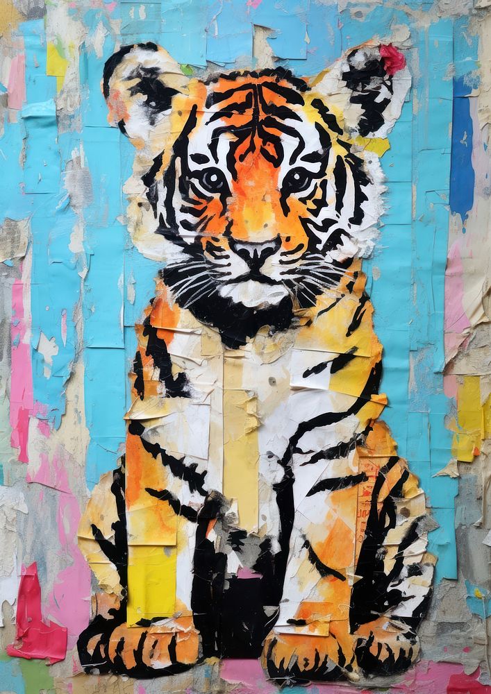 Tiger sitting art painting collage.