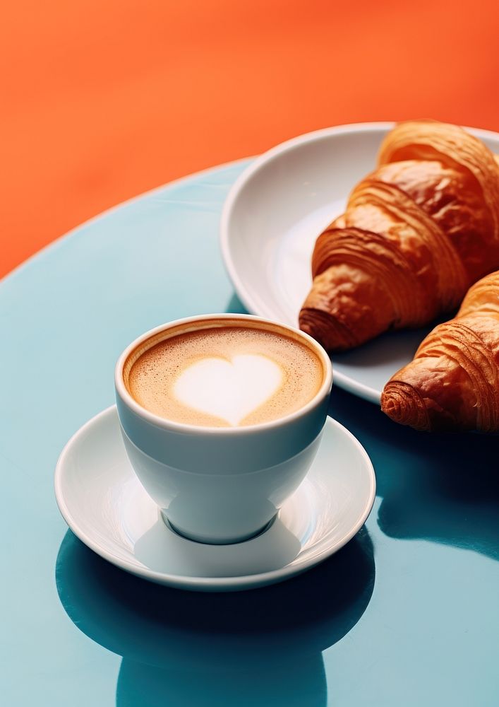 Coffees and crossiants drink table food.