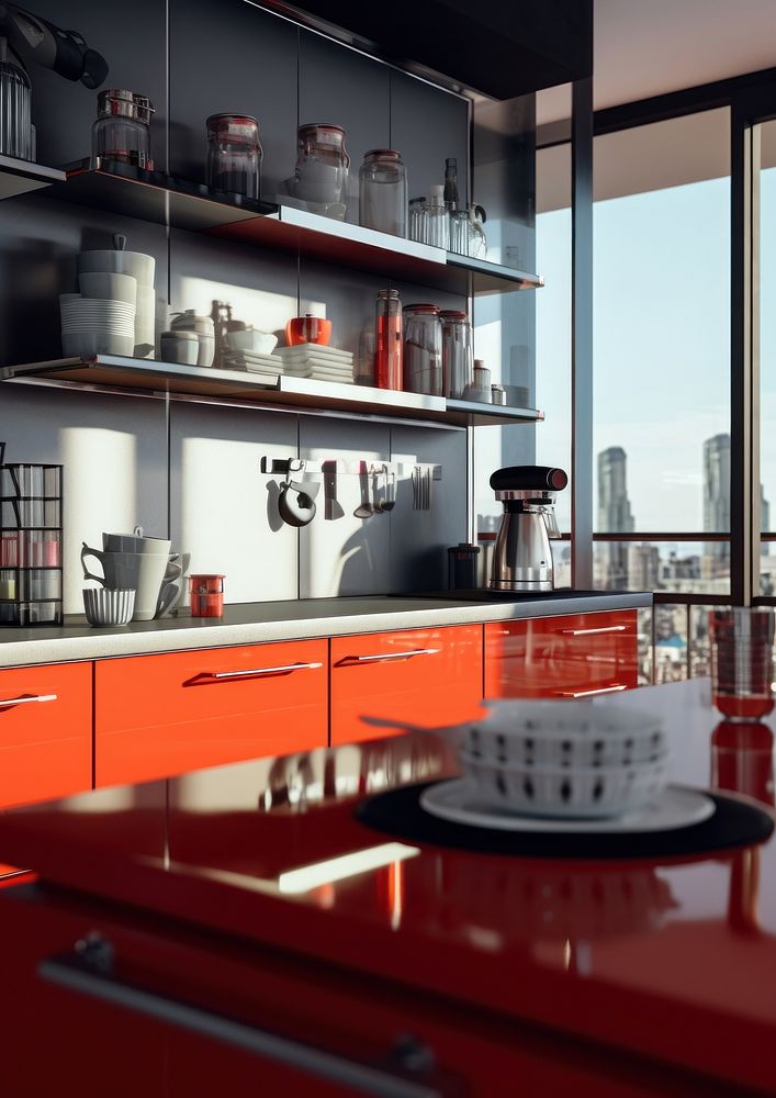 Detail of modern kitchen interior shelf architecture countertop.