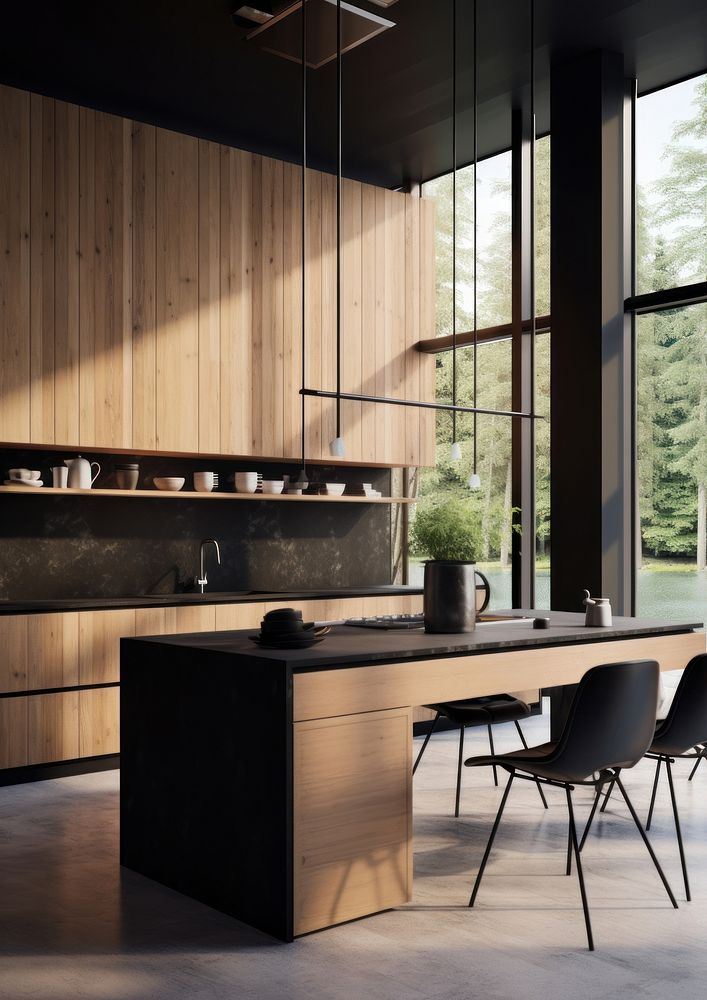Modern Contemporary kitchen room interior wood furniture table.