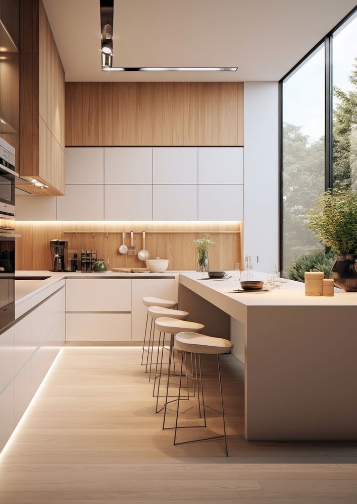 Modern Contemporary kitchen room interior furniture appliance wood.