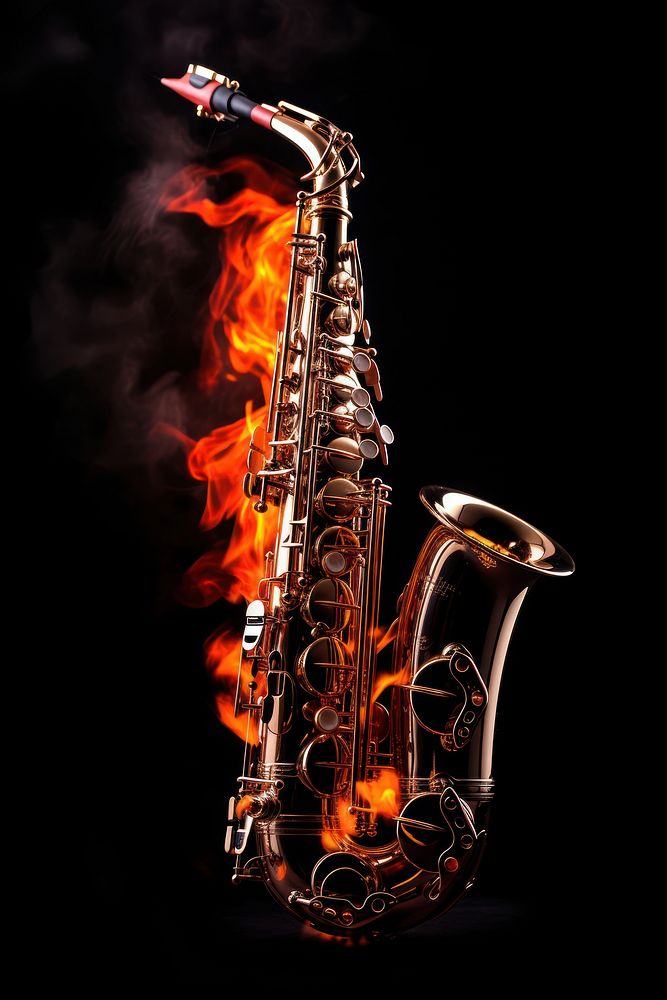 Saxophone fire black background performance.