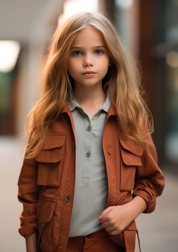 Kid girl wear a jacket with a shirt collar and long sleeves portrait photo coat.