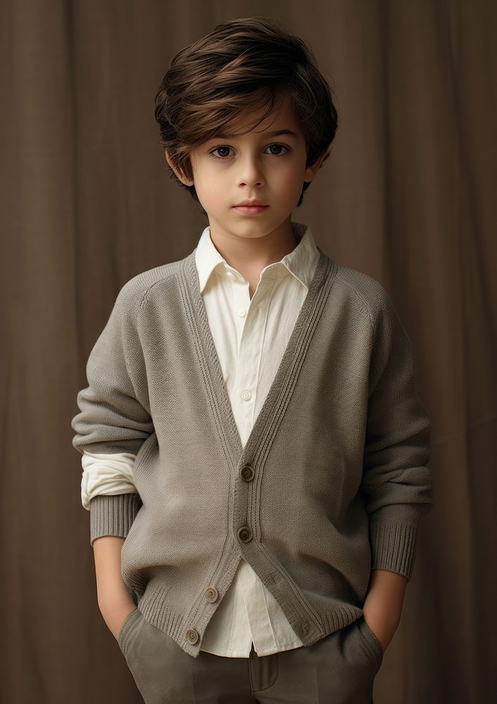 Kid wear loose fitting V-neck cardigan sweater sleeve contemplation.
