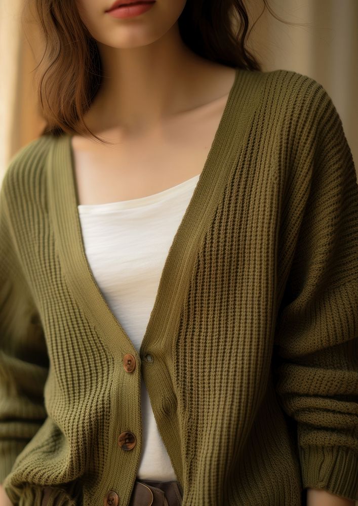 Loose fitting V-neck cardigan sweater sleeve outerwear.