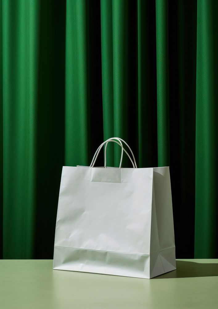 A white paper shopping bag put on podium backdrop handbag green accessories.