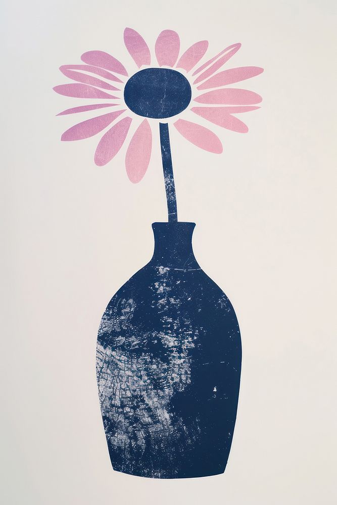 Silkscreen on paper of a daisy flower vase art plant.