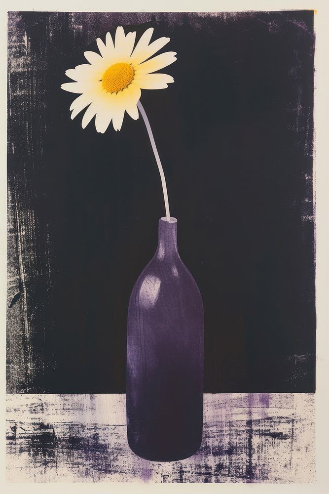 Silkscreen on paper of a daisy flower vase yellow purple.