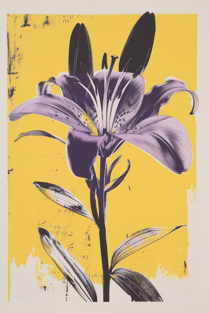 Silkscreen on paper of a lily flower art painting purple.