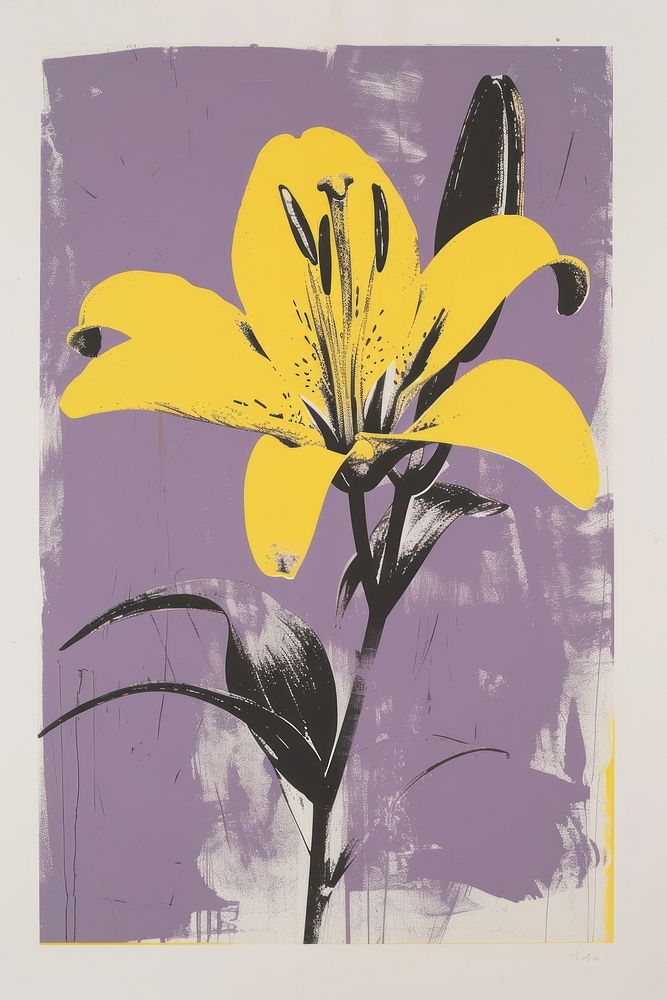 Silkscreen on paper of a lily flower art painting yellow.