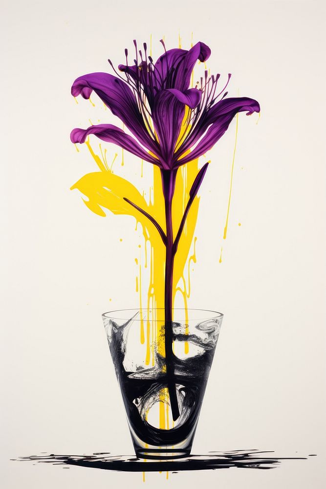 Lily flower in abstact vase purple graphics yellow.