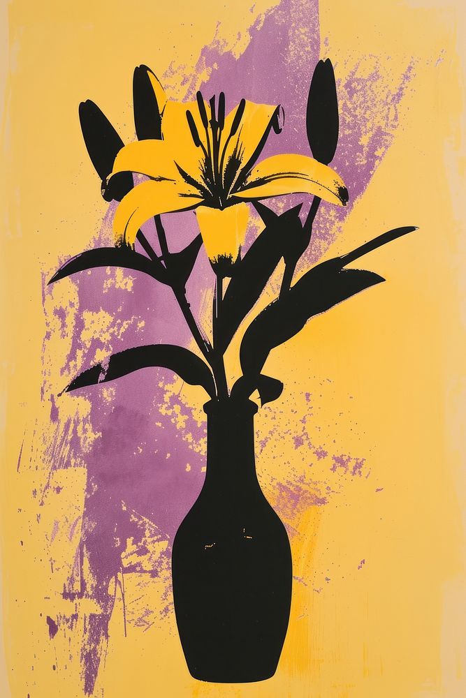 Silkscreen on paper of a lily flower vase art painting.