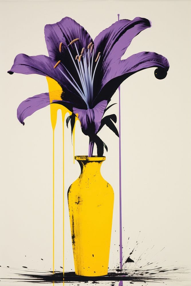 Lily flower in abstact vase purple art painting.