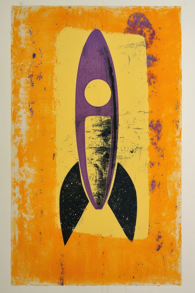 Silkscreen on paper of a rocket art painting yellow.