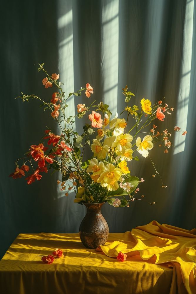 Medieval style colorful flowers vase on table with dark yellow tablecloth plant centrepiece decoration.