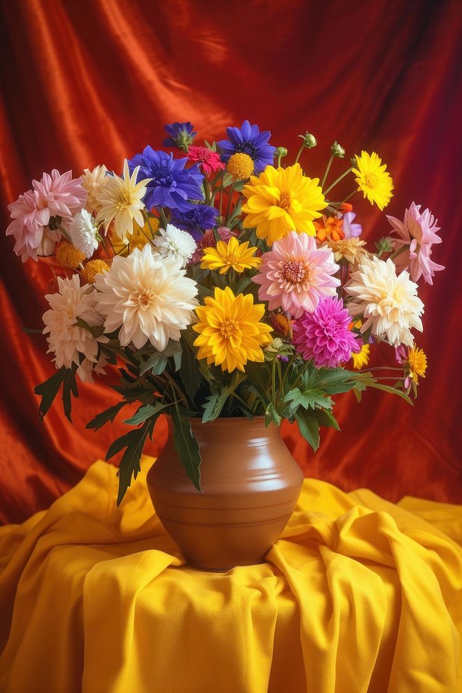 Medieval style colorful flowers vase on table with dark yellow tablecloth plant petal inflorescence.