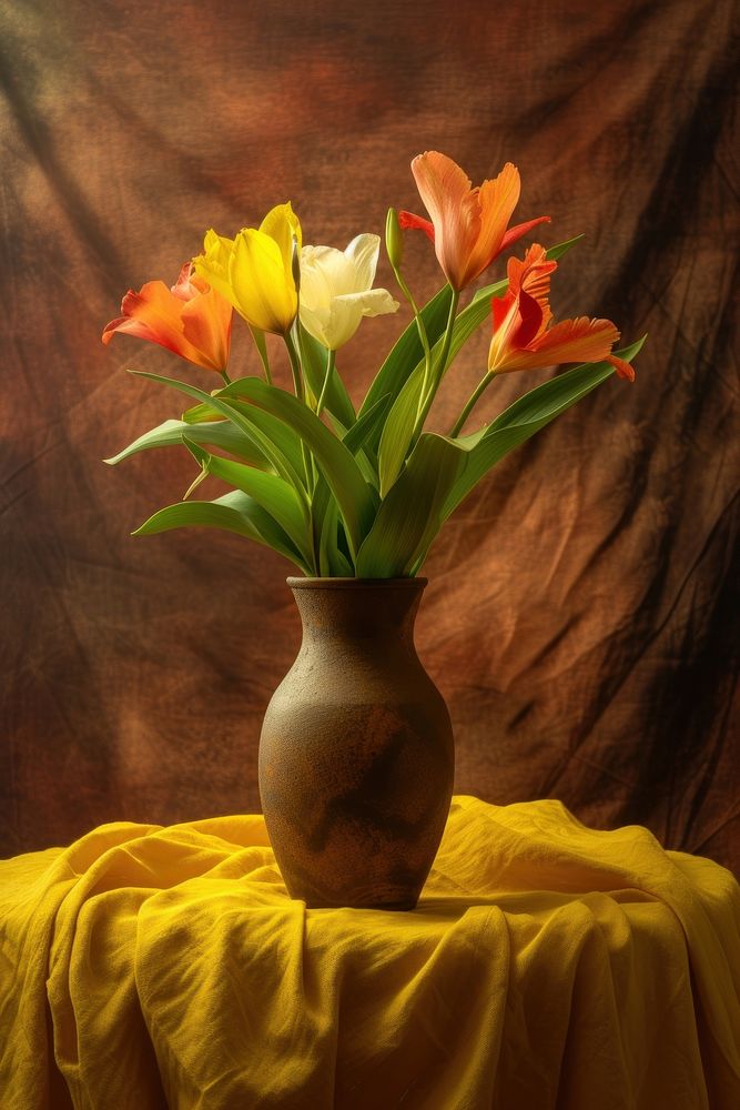 Medieval style colorful flowers vase on table with dark yellow tablecloth plant inflorescence decoration.