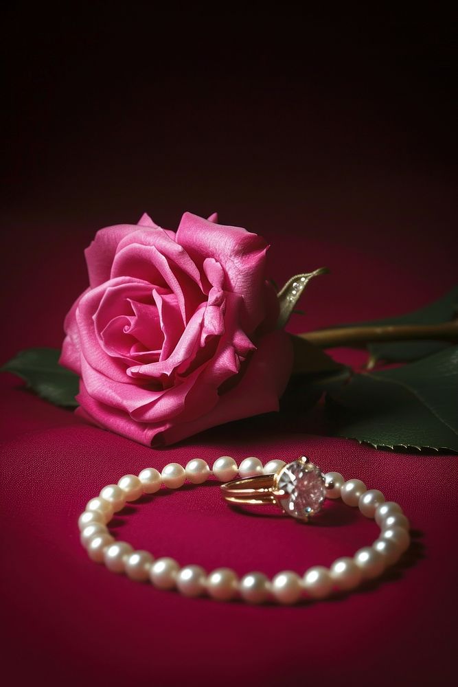 Diamond ring with hot pink rose and pearl necklace bracelet jewelry flower.