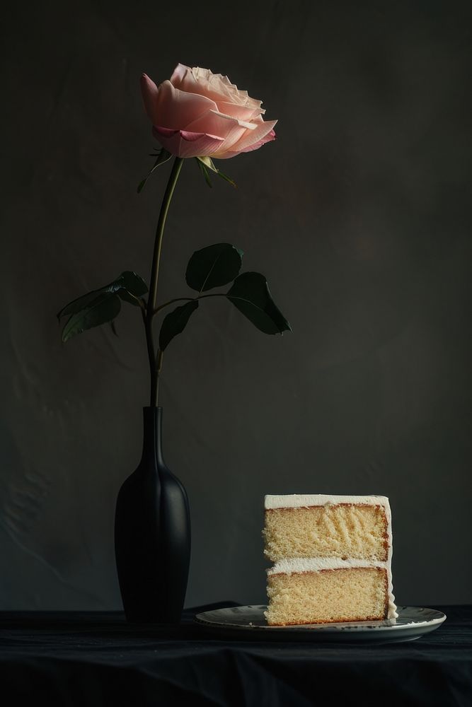 Piece of cake with one pink rose vase dessert flower.